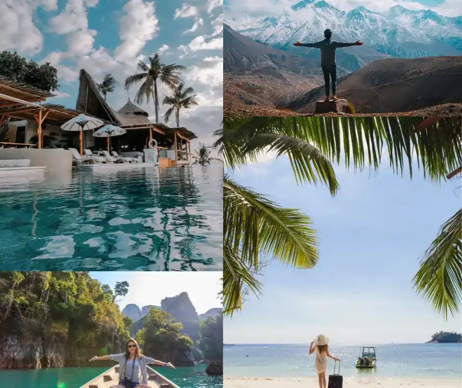 Collage di immagini di viaggio che mostra un resort con piscina, una persona con le braccia aperte davanti a montagne innevate, e due donne in ambienti tropicali.Organizzazione di viaggi