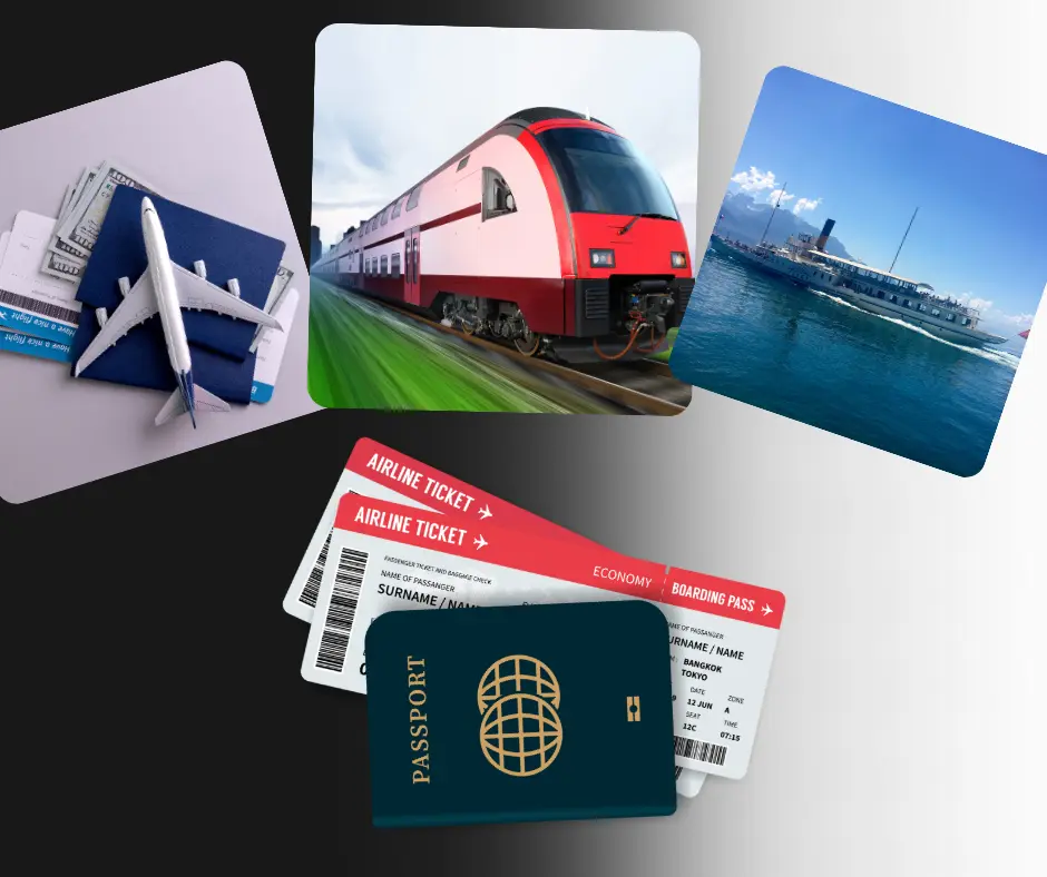 Organizzazione di viaggi Collage di metodi di viaggio: biglietti aerei e passaporto, treno in movimento e una nave, rappresentando varie opzioni di trasporto.