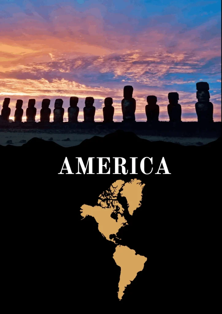 consulente di viaggio Silhouette dei Moai all'alba con la mappa dell'America del Sud e la scritta 'AMERICA' in primo piano.