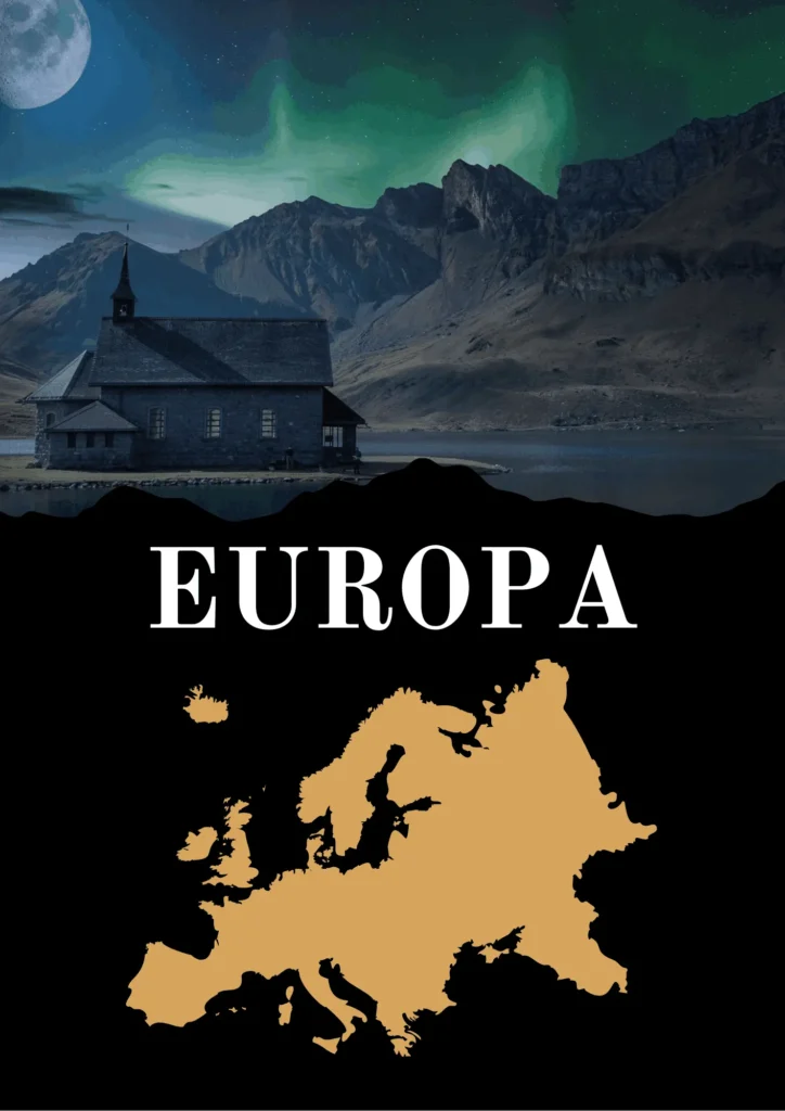 consulente di viaggio Una chiesa al chiaro di luna sotto l'aurora boreale in un paesaggio montano, con la mappa dell'Europa e la scritta 'EUROPA'.