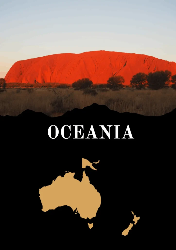 consulente di viaggio Il monolite di Uluru al tramonto con la mappa dell'Oceania e la scritta 'OCEANIA'.